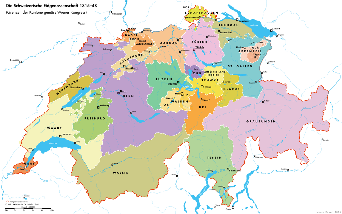 Map of Swiss Cantons, 1815-1848